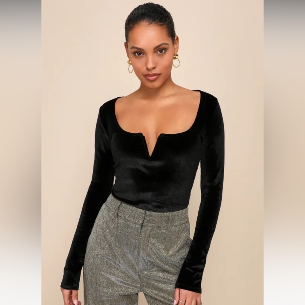 Positively Plush Black Velvet Notch Neck Bodysuit NWT SIZE SMALL